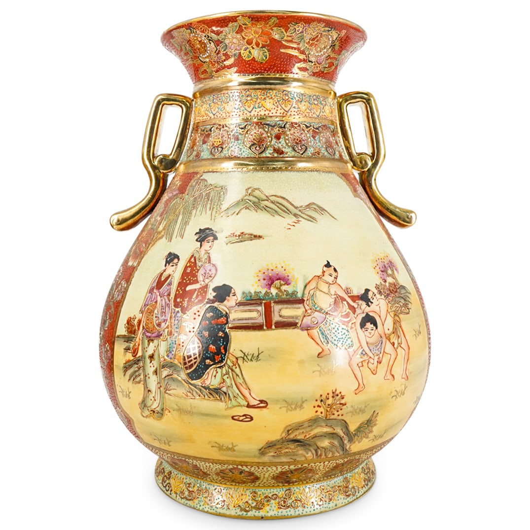 Chinese Satsuma Moriage Double Sided Painted Handled Vase (1 of 8)