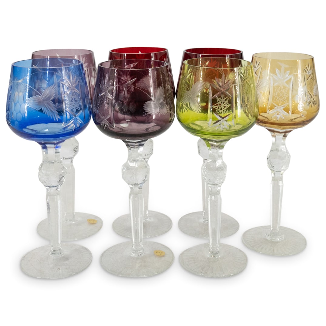 (7 Pc) Bohemia Cut Crystal Stemware Wine Goblets Set: DESCRIPTION: (7 Pc) Bohemia crystal set of seven (7 Pc) stemware footed wine glasses with cut crystal designs in an assortment of yellow, amethyst, cobalt blue, ruby red and chartreuse hues. This set