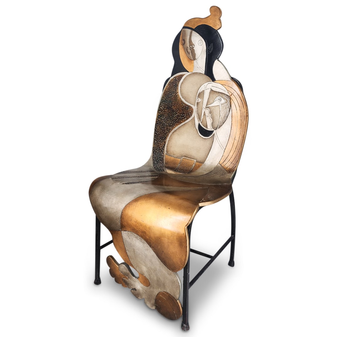 Artsy Iron & Fiberglass Occasional Chair: DESCRIPTION: An arsy wrought iron and fiberglass occasional chair with figural cubist form, completed with silver and gold leaf lacquered finishes. CIRCA: 20th Cent. ORIGIN: Continental DIMENSIONS: H: