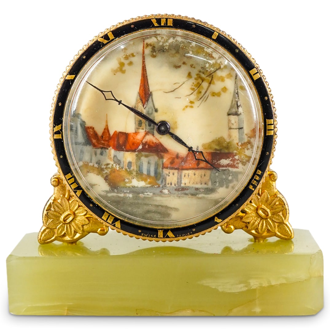 European Miniature Gilt Brass & Onyx Desk Clock (1 of 3)
