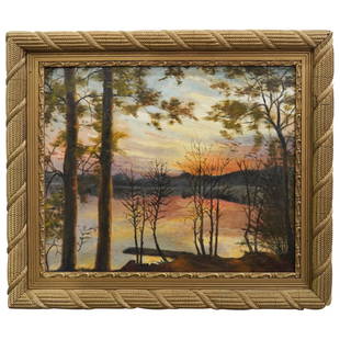 Charles Herbert Woodbury (American) "Maine Sunset" Ogunquit Landscape Oil Painting: DESCRIPTION: Charles Herbert Woodbury (American, 1864-1940) Oil on panel painting depicting a sunset landscape in Maine, signed lower right: "CHW Ogunquit" titled at verso "Maine Sunset" Ogunquit, mou