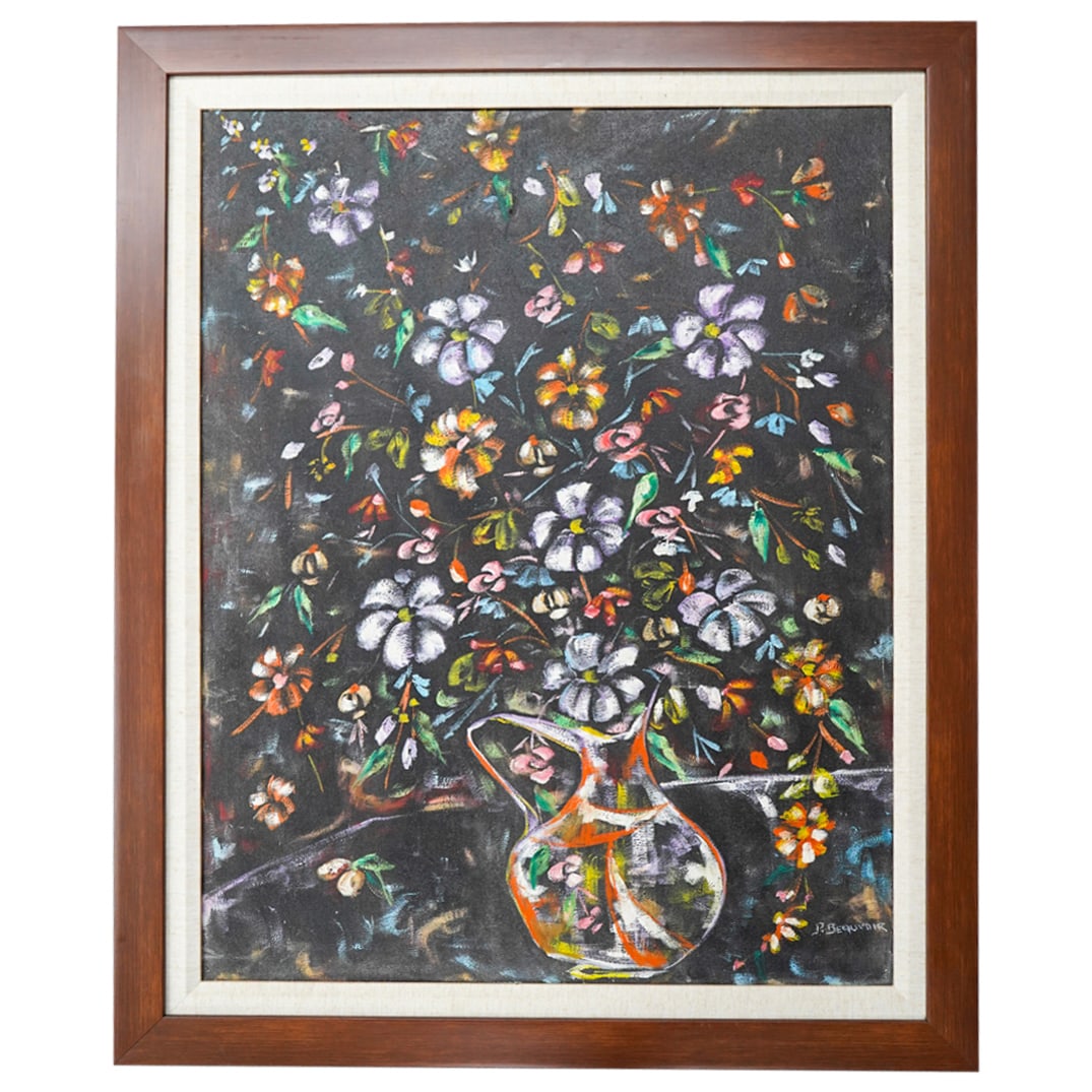 Paul Beauvoir (Haitian, 1932-1972) Signed Oil Painting On Canvas: DESCRIPTION: Paul Beauvoir (Haitian, 1932-1972) Signed Oil Painting On Canvas. Depicts a floral bouquet on vase. Signed lower right bottom corner. Paul Beauvoir (Haitian, 1932-1972) was influenced in 