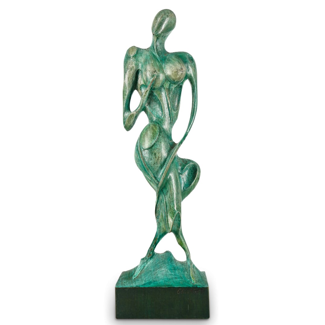 Cestari (Brazilian, 20th Cent.) Carved Wooden Abstract Nude Sculpture: DESCRIPTION: Cestari (Brazilian) carved wooden nude sculpture shaped as an abstract female figure. Finished with a green hued patina. Signed and dated on plinth "Cestari 91" CIRCA: 1991 ORIGIN: Brazil