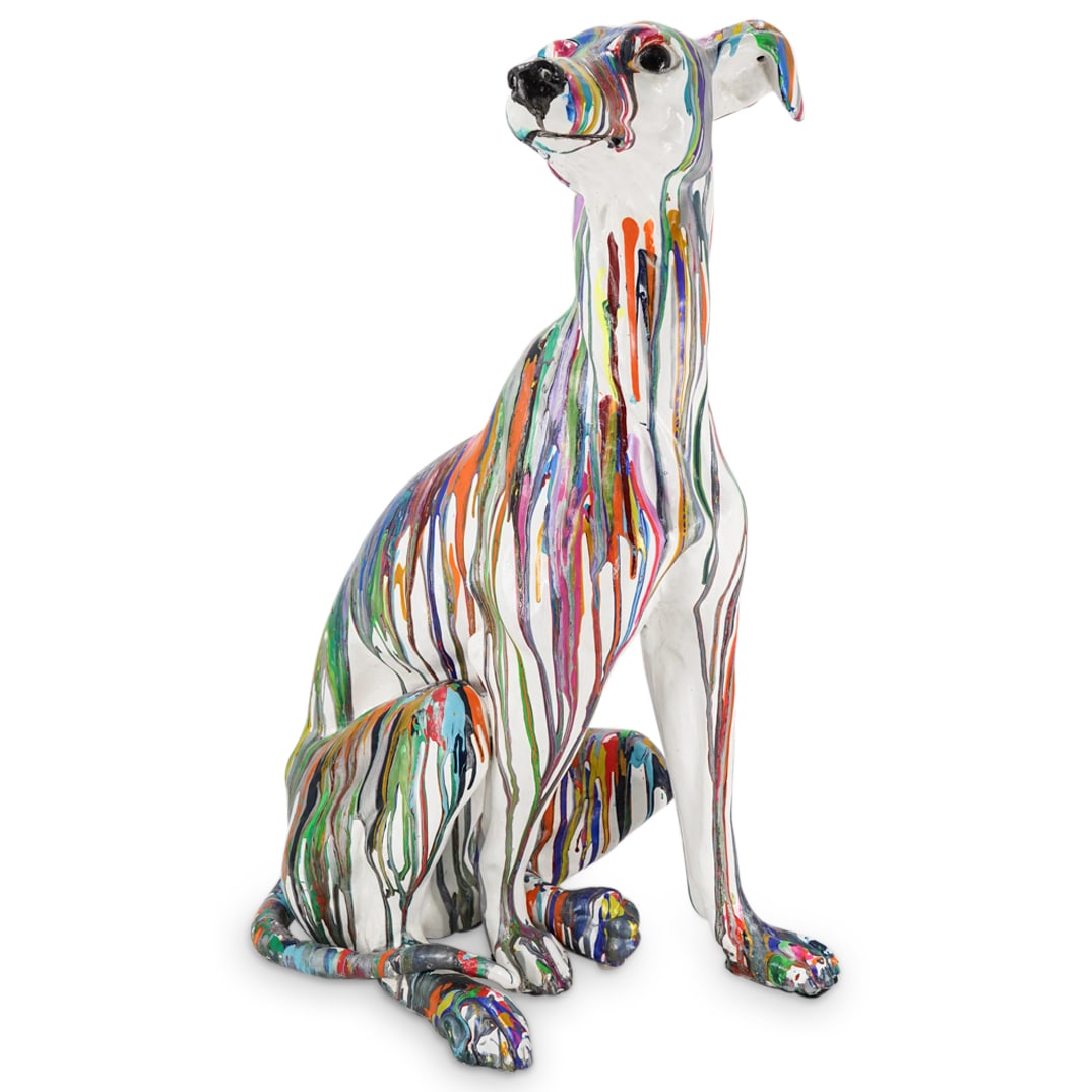 Large Graffiti Mixed Media Dog Statue: DESCRIPTION: Large mixed media graffiti dog sculpture statue with a white paint base and embellished with polychrome drop paint graffiti style accents. With artist signature. CIRCA: 20th Century ORIGI