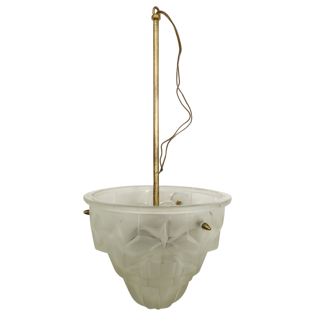 Art Deco Degue Frosted Glass Hanging Light: DESCRIPTION: Art Deco Degue hanging glass pendant light presenting a tiered triangular design completed with a frosted finish. Attached to a gold toned metal hanging rod. Embossed at the side "Degue".