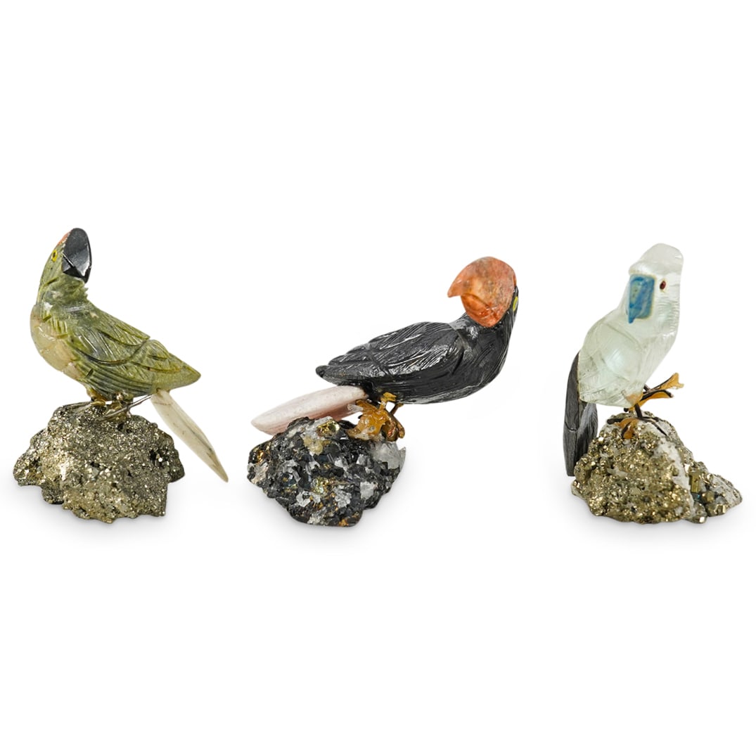 (3 Pc) Fine Carved Gemstone Small Bird Sculptures (1 of 7)