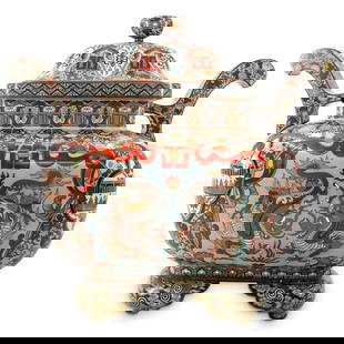Large Antique Japanese Meiji Cloisonne Koro Incense Burner: DESCRIPTION: Antique cloisonne four footed koro ("incense burner") featuring dragon and houou ("Chinese phoenix") designs on sides framed by flowers and foliage. Piece is decorated on its four legs wi