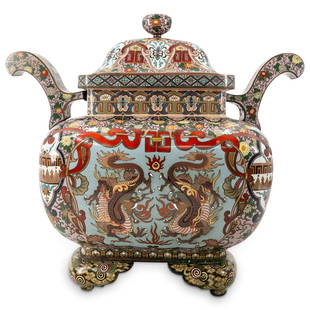 Large Antique Japanese Meiji Cloisonne Koro Incense Burner: DESCRIPTION: Antique cloisonne four footed koro ("incense burner") featuring dragon and houou ("Chinese phoenix") designs on sides framed by flowers and foliage. Piece is decorated on its four legs