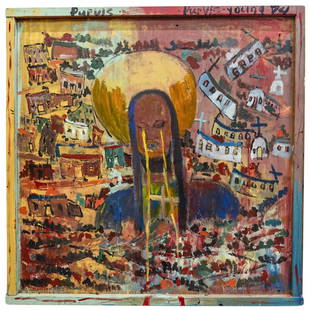 Purvis Young (American, 1943-2010) Large Mixed Media Painting: DESCRIPTION: Large Purvis Young mixed media painting composed of found wood objects and house paints on panel depicting a religious figural scene with cathedral and townscape details. Signed and dated