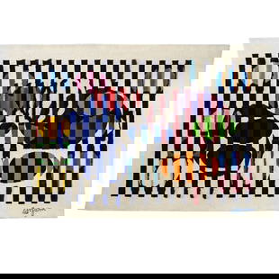 Yaacov Agam (b. 1928) Woven Wool Wall Tapestry: DESCRIPTION: Yaacov Agam hand-woven wool pile, wall tapestry in color. Woven signature in blue to (Lower Right) Label at verso marked: "Avigail Tapestries, Hand tufted tapestries, edition: "26/99" Eng