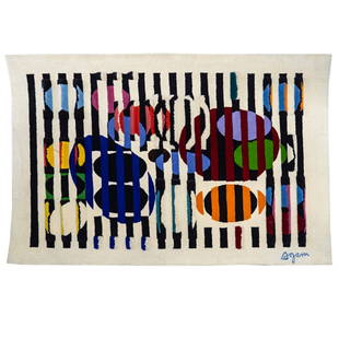 Yaacov Agam (b. 1928) Woven Wool Wall Tapestry: DESCRIPTION: Yaacov Agam hand-woven wool pile, wall tapestry in color. Woven signature in blue to (Lower Right) Label at verso marked: "Avigail Tapestries, Hand tufted tapestries, edition: "26/99"