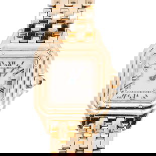Cartier 18k Gold Ladies Tank Watch: DESCRIPTION: A Cartier ladies tank watch features a quartz movement, white dial, blue sapphire hands with black Roman numeral markers, affixed with a faux cabochon crown. Attached to a panthere 18k go