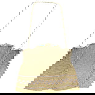 Art Deco 14k Gold, Sapphire and Diamond Mesh Purse: DESCRIPTION: An Art Deco 14k gold mesh purse decorated along the body with tri tone patterns, further supported by a an open work frame featuring floral vines decorations and inset with Diamonds and s