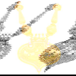 Magnificent Mughal Style 18k Gold and Semi Precious Stone Necklace: DESCRIPTION: A Magnificent Mughal style necklace comprised of a series of repousse and filigree beads excellently accented with a series of Rubies, Emeralds, Amethysts and Diamonds. Supporting a open
