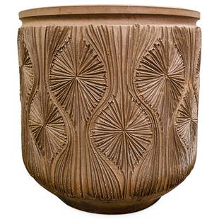 Rare Monumental David Cressey & Robert Maxwell Earthgender Garden Planter: DESCRIPTION: Rare Monumental David Cressey & Robert Maxwell for Earthgender Ceramics planter pot with "Teardrop Sunburst" pattern composed of stoneware. CIRCA: 1960s ORIGIN: USA DIMENSIONS: H: 25" x D