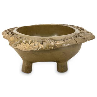 Antique Chinese Duan Stone Bowl: DESCRIPTION: Antique Duan stone bowl carved as a lotus on four feet with textured tendrils and curious waterfowl around the open-work border. Sticker on underside: "John Rosselli Antiques and Decorati