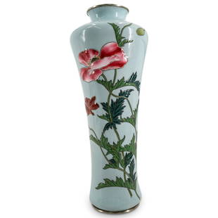 Fine Japanese Moriage Cloisonne Vase: DESCRIPTION: A Japanese Moriage cloisonne vase on silver with an overall teal ground, decorated with low relief polychrome, poppy plant imagery. Stamped mark at underside. CIRCA: Late 19th - Early