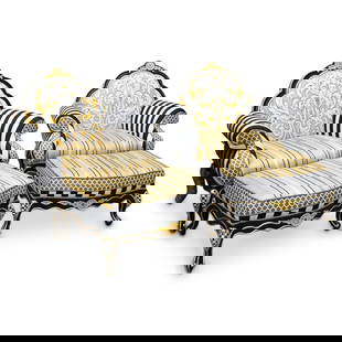 (4 Pc) Pair Of MacKenzie Childs Queen Bee Chairs W/ Ottomans: DESCRIPTION: Two matching sets of MacKenzie-Childs "Queen Bee" chairs, each with a matching ottoman. Each piece features a primary yellow color with black, white, and gilt accenting and is finished wi