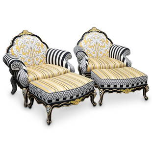 (4 Pc) Pair Of MacKenzie Childs Queen Bee Chairs W/ Ottomans: DESCRIPTION: Two matching sets of MacKenzie-Childs "Queen Bee" chairs, each with a matching ottoman. Each piece features a primary yellow color with black, white, and gilt accenting and is finished