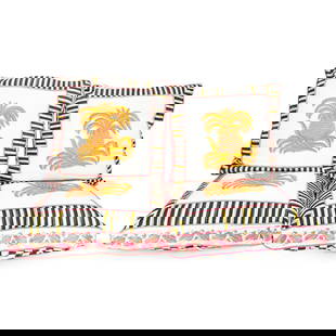 (4 Pc) MacKenzie Childs Palm Court Box Pillows: DESCRIPTION: Four matching MacKenzie-Childs "Palm Court" box pillows, each featuring a squat palm tree motif framed by linear borders. Each piece is finished with floral patterns on edges. CIRCA: 20th
