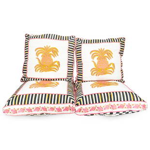 (4 Pc) MacKenzie Childs Palm Court Box Pillows: DESCRIPTION: Four matching MacKenzie-Childs "Palm Court" box pillows, each featuring a squat palm tree motif framed by linear borders. Each piece is finished with floral patterns on edges. CIRCA: