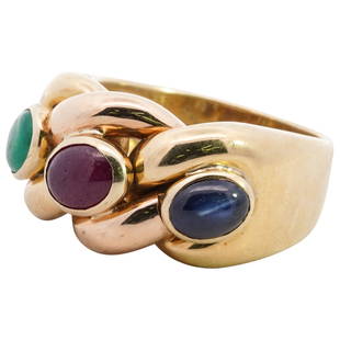 Barbara Westwood 18k Gold Cabochon Ring: DESCRIPTION: an 18k yellow gold ring features a braided setting inset with Emerald, Ruby and Sapphire Cabochons, stamped along the inner band "750" and "BMW" Barbara Westwood Makers Mark. Total