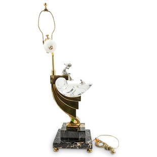 Art Deco Stiffel And Baccarat Fairy And Frog Table Lamp: DESCRIPTION: Art Deco Stiffel table lamp featuring a base crafted from a Baccarat crystal shell design adorned with a frog gazing at a young fae boy seated on the bronze component supporting shell.