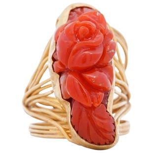 Antique Italian 18k Gold and Red Coral Ring: DESCRIPTION: Antique Italian 18k Gold yellow gold ring comprised of a multi wired band, centered by a red coral floral carving. Tested 18k, Total Weight: 13.9 Grams (8.9 dwt) CIRCA: Early-Mid 20th