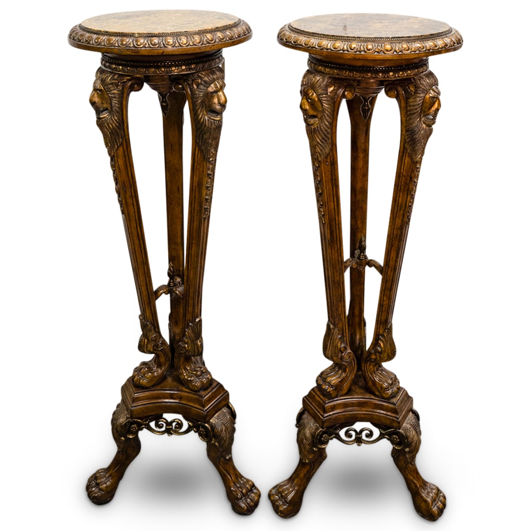 Pair Of Maitland Smith Marble Top Lion Mahogany Pedestals (1 of 9)