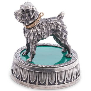 Vintage Russian Imperial Era Silver Enamel Dog Paperweight: DESCRIPTION: A Vintage Russian Imperial Era Silver Enamel Paperweight depicts a dog accented with a gilt collar and ruby eyes. Fitted atop an ornate silver platform base, Stamped "88" and "Faberge". T