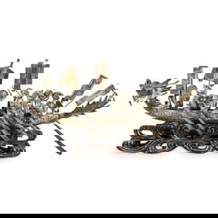 Rare Chinese Antique Silver Dragon Boat W/ Figures: DESCRIPTION: Antique Chinese solid silver dragon boat with textured flying flags and men crew. Standing on a hand carved wooden base imitating waves. CIRCA: Early Mid 20th Century ORIGIN: China DIMENS