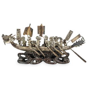 Rare Chinese Antique Silver Dragon Boat W/ Figures: DESCRIPTION: Antique Chinese solid silver dragon boat with textured flying flags and men crew. Standing on a hand carved wooden base imitating waves. CIRCA: Early Mid 20th Century ORIGIN: China