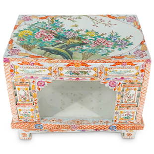 Antique Chinese Famille Rose Porcelain Miniature Wedding Bed: DESCRIPTION: Antique Qing dynasty famille rose porcelain miniature of a wedding bed decorated with copious floral and foliage motifs throughout and a scene on its roof of songbirds among flowers and