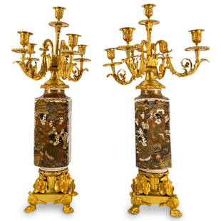 Pair Of Converted Satsuma Vase Candelabra: DESCRIPTION: Two matching five sockets candelabras crafted from cong form, mirrored Satsuma vases, each decorated with scenes of Zen Buddhist monks wearing patterned clothing. Each piece features a do