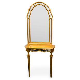 (2Pc) Italian Gilt Carved Wall Mirror & Console Table: DESCRIPTION: (2Pc) An Italian gilt carved wall mirror with lower, mirrored panel, wall mounted console table. Stickered: "Made In Italy" Legacy Mirror, by Emerson et Cie" CIRCA: 20th Cent. ORIGIN: Ita