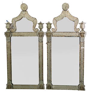 Pair of Restoration Hardware Mirrors: DESCRIPTION: Pair of Restoration Hardware decorative mirrors in the Hollywood Regency style each featuring wood foundations with silver-leaf backed glass bordering and center beveled inset mirrors wit