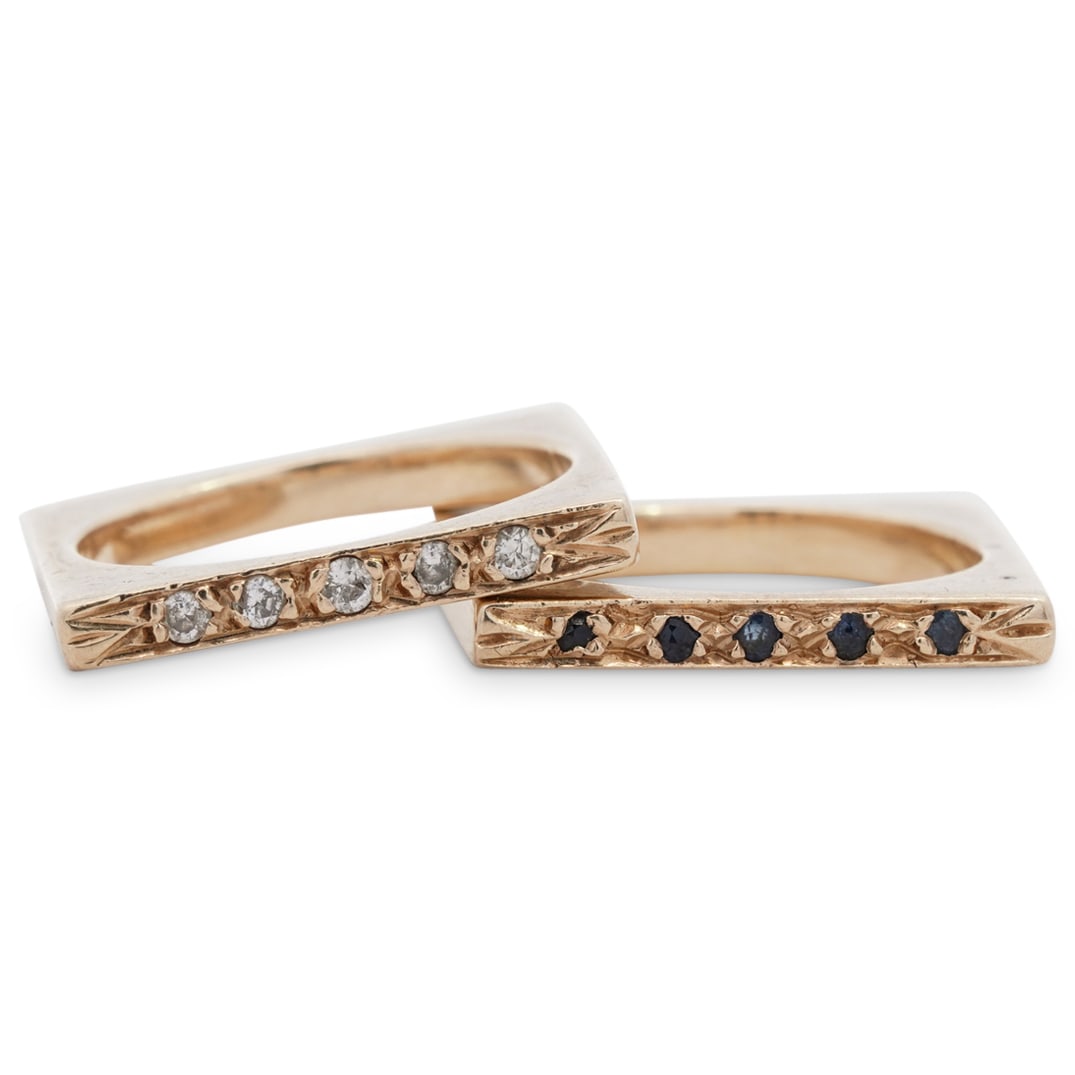 (2 Pc) Retro 14k Gold, Diamond and Sapphire Rings (1 of 3)