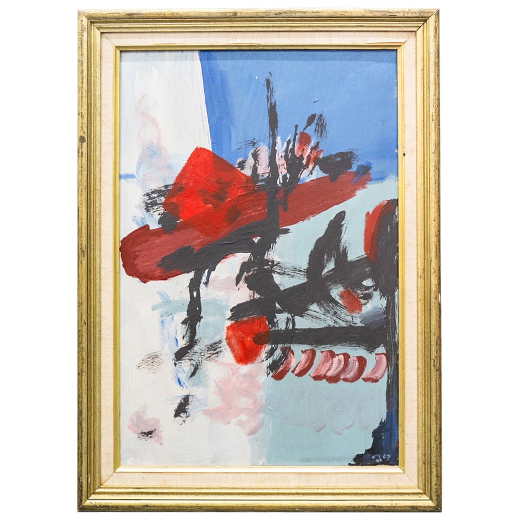 Cameron Booth (American, 1892-1980) Oil on Canvas Painting: DESCRIPTION: Cameron Booth (American, 1892-1980) Oil on canvas painting featuring an abstract design executed in vibrant color tones, signed: "CB" (Lower Right) Verso signed: "Booth" mounted in wood c