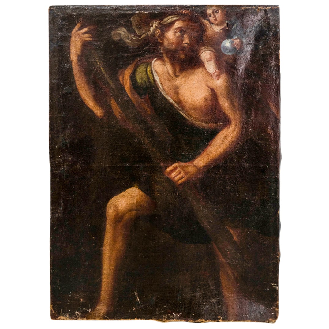 Antique St. Christopher Religious Oil Painting On Canvas (1 of 5)