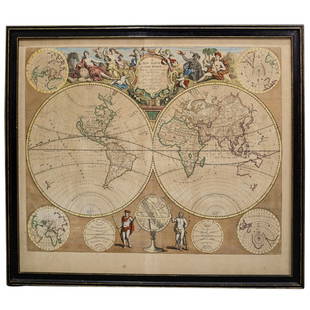 Rare 1721 John Senex "A New Map Of The World": DESCRIPTION: Rare antique engraved map by John Senex entitled "A New Map of the World" depicting California as an island and with parts of the world still unmapped. Further featuring hand coloring,