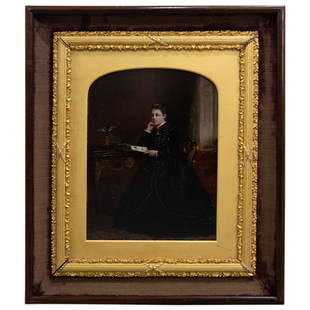 William Powell Frith, RA (British, 1819-1909) Oil on Panel Portrait Painting: DESCRIPTION: William Powell Frith, RA (British, 1819-1909) Oil on panel painting featuring the portrait depiction of a Victorian women in gown reading at her desk. Signed (Lower Left) "W P Frith RA" F