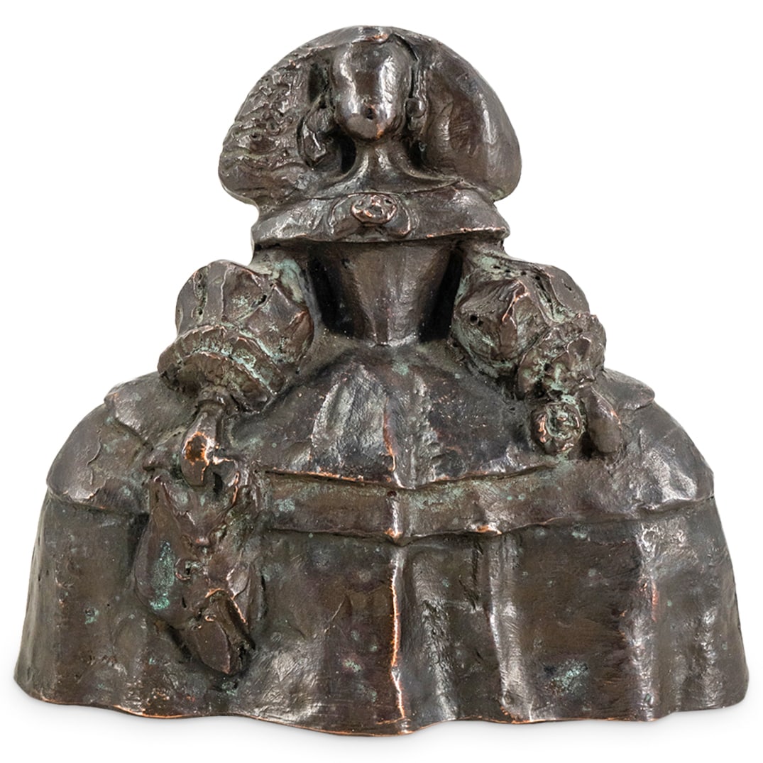 After Manolo Valdes "Infanta Margarita" Bronze: DESCRIPTION: Bronze sculpture after Manolo Valdes' "Infanta Margarita" depicting a highly stylized Margaret Theresa of Spain as depicted in "Infanta Margarita Teresa in Pink Dress". CIRCA: 20th Centur