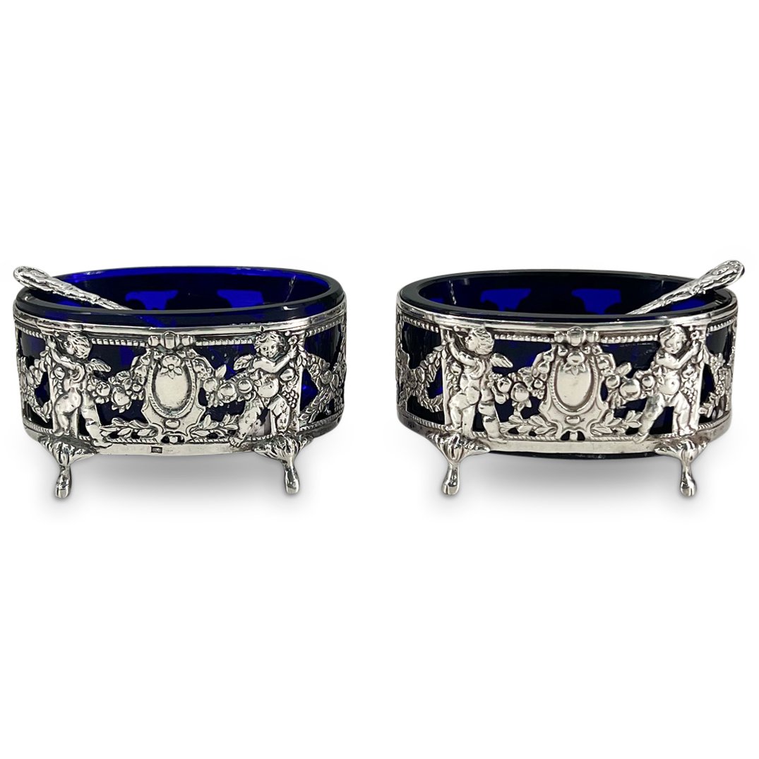 Pair Of Antique German 800 Silver And Cobalt Glass Salt Cellars (1 of 5)