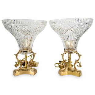 Pair Waterford "Beaumont" Crystal & Brass Table Lamps: DESCRIPTION: Pair of Waterford "Beaumont" crystal & brass electric hurricane or table lamps, one taller and one shorter, each including Waterford tag and one including Waterford sticker. Tested and fu