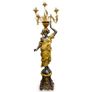 Antique Italian Venetian Floor Figural Lamp: DESCRIPTION: Antique five socket floor lamp crafted from gesso coated wood as a woman standing on a plinth and bearing an urn on her head full of foliage laden branches, each ending in a socket. Finis