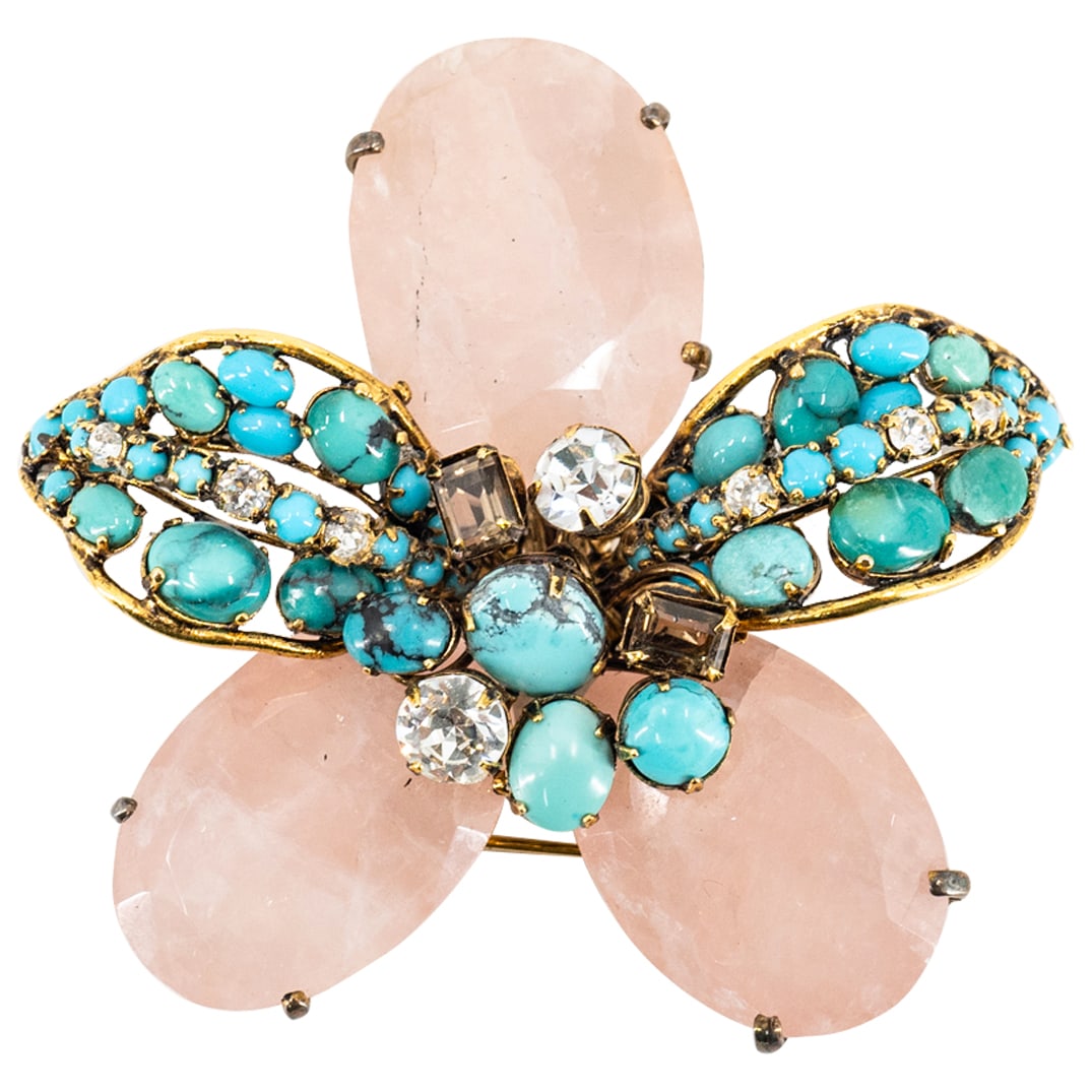 Iradj Moini Rose Quartz & Turquoise Floral Brooch (1 of 3)