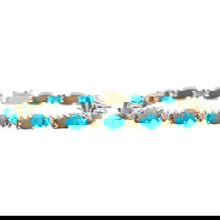 14k Gold and Turquoise Link Bracelet: DESCRIPTION: a 14k yellow gold bracelet decorated with Turquoise insets and x links, stamped along the closure "14k". Total Weight: 9.4 Grams (6 dwt) CIRCA: 20th Cent. ORIGIN: USA DIMENSIONS: L: 8" CO