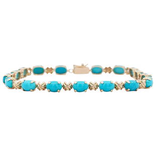 14k Gold and Turquoise Link Bracelet: DESCRIPTION: a 14k yellow gold bracelet decorated with Turquoise insets and x links, stamped along the closure "14k". Total Weight: 9.4 Grams (6 dwt) CIRCA: 20th Cent. ORIGIN: USA DIMENSIONS: L: 8" CO