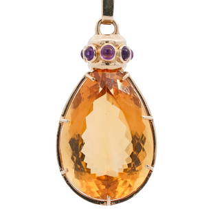 14k Gold Amethyst and Citrine Drop Pendant: DESCRIPTION: A Drop pendant comprised of a 14k yellow gold frame and bale features an approx. 25 ct multi faceted citrine, further accented along the bale with Amethyst cabochons. Total Weight: 16.3 G