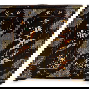 Fine Antique Japanese Meiji Lacquer & MOP Inlay Cabinet: DESCRIPTION: Fine antique Japanese Meiji period lacquered cabinet featuring triangular form, mother of pearl inlay, lingzhi form handle, auspicious symbols and bird, floral, butterfly and foliage moti
